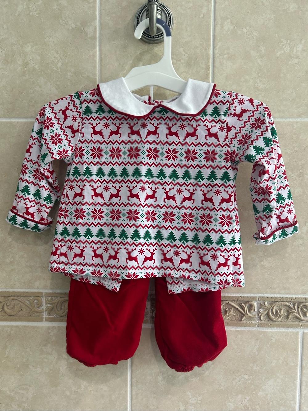 Cecil and Lou Fair Isle printed Christmas outfit red corduroy